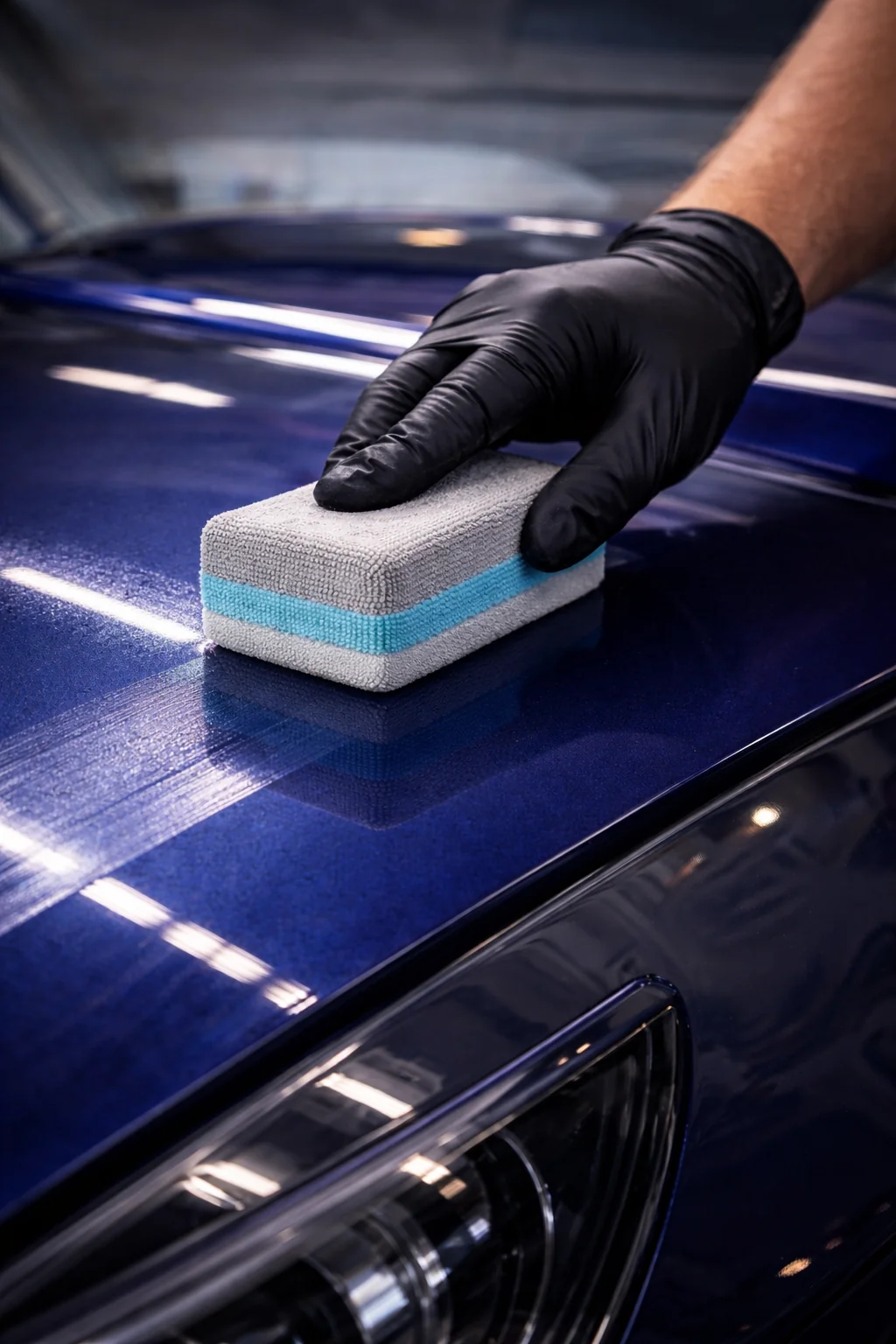 Microfiber wipe-down on blue paint close-up
