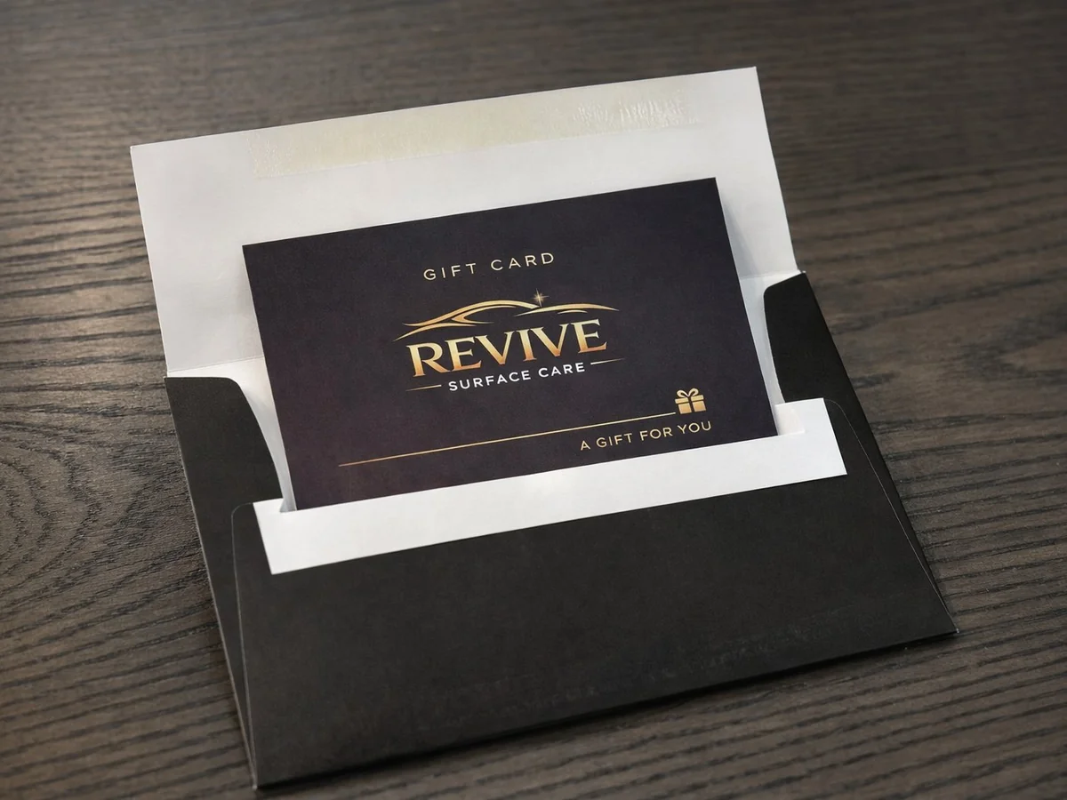 Revive Surface Care gift card in a black envelope