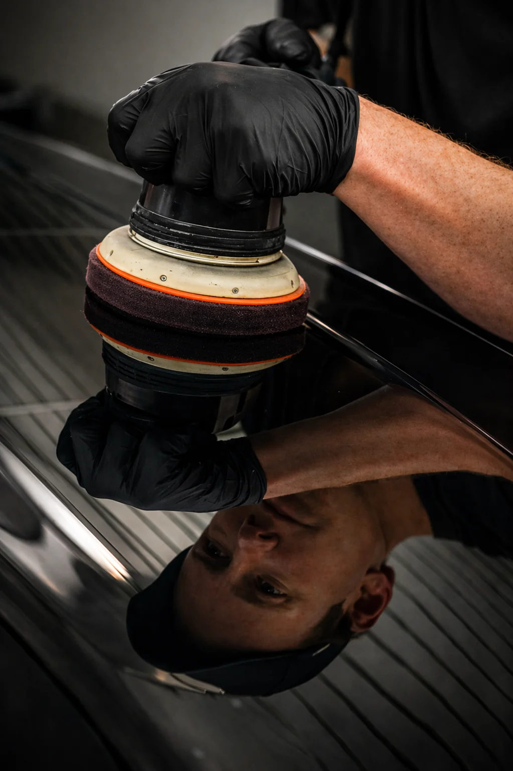 Polishing machine working on paint surface