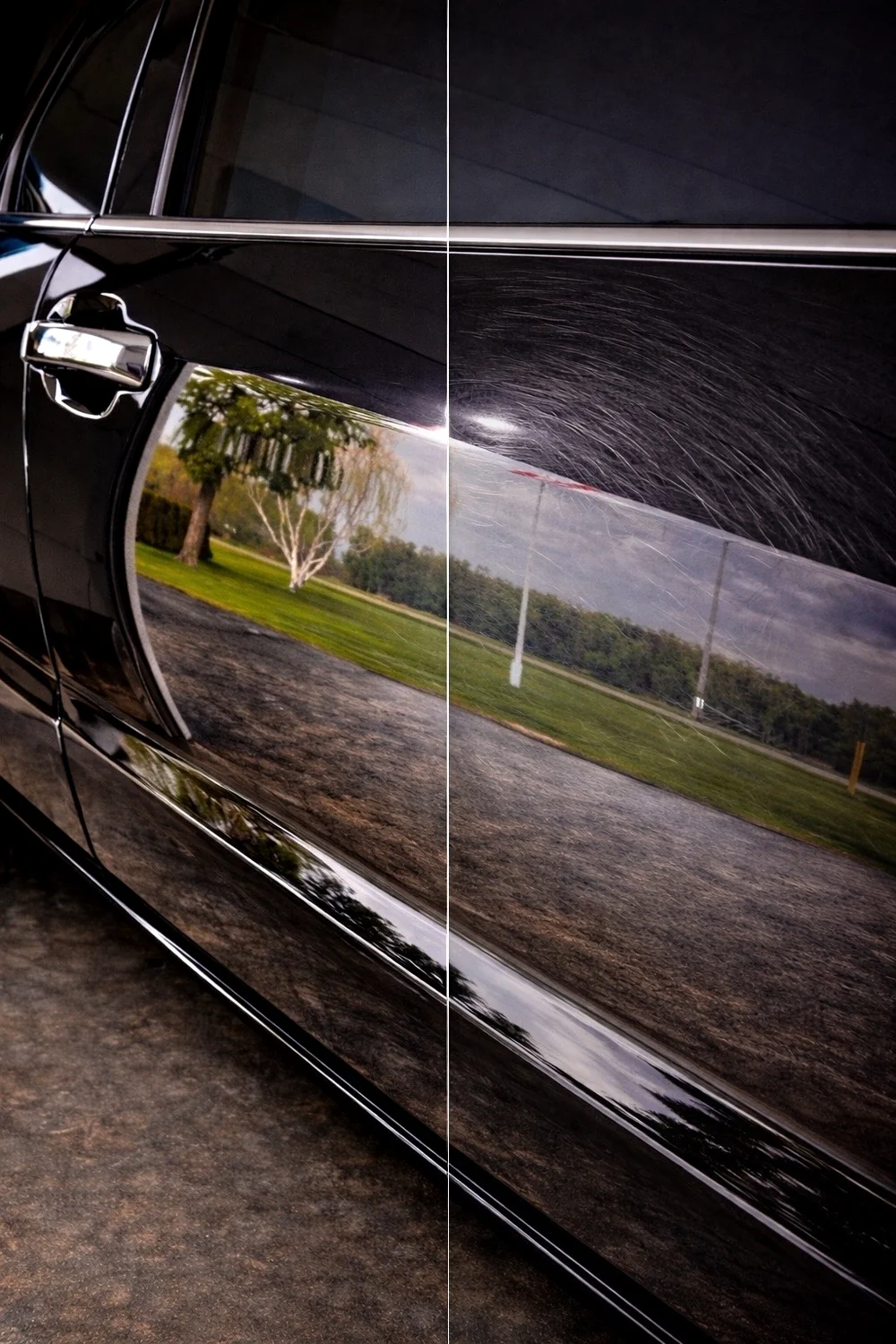 Mirror-like reflection on corrected door panel