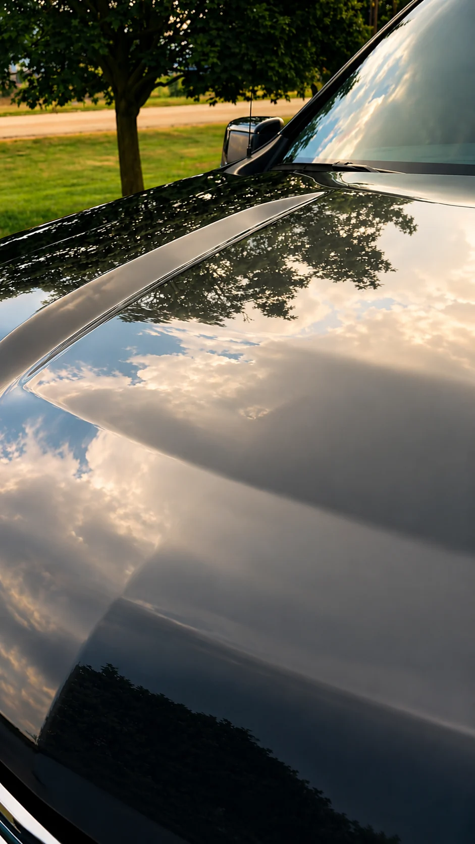 Sky and tree reflection across a refined hood surface